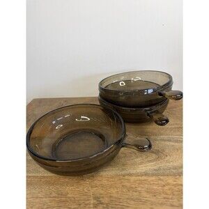 3 Vintage Glasbake Soup Chili French Onion Bowls with Handle Mint